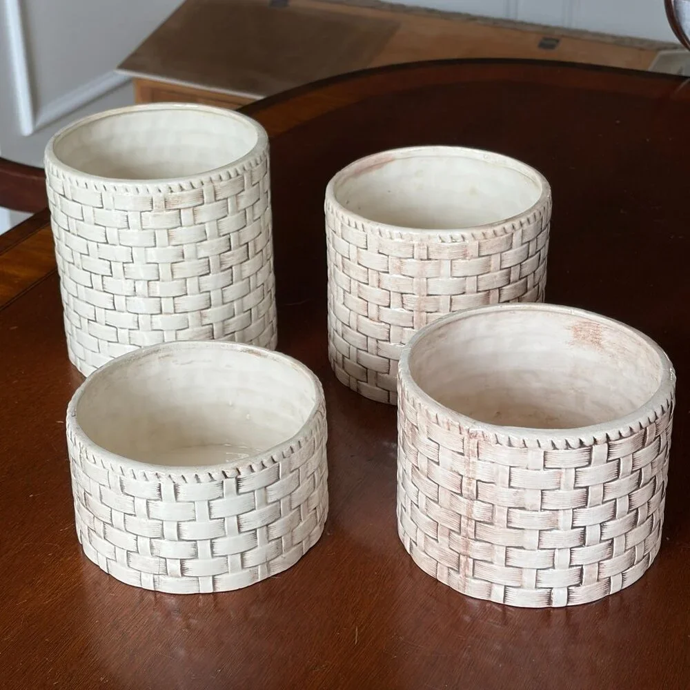 Vintage Set of 4 Faux Basket Weave Ceramic Planters Cachepots Farmhouse Rustic - Picture 2 of 11